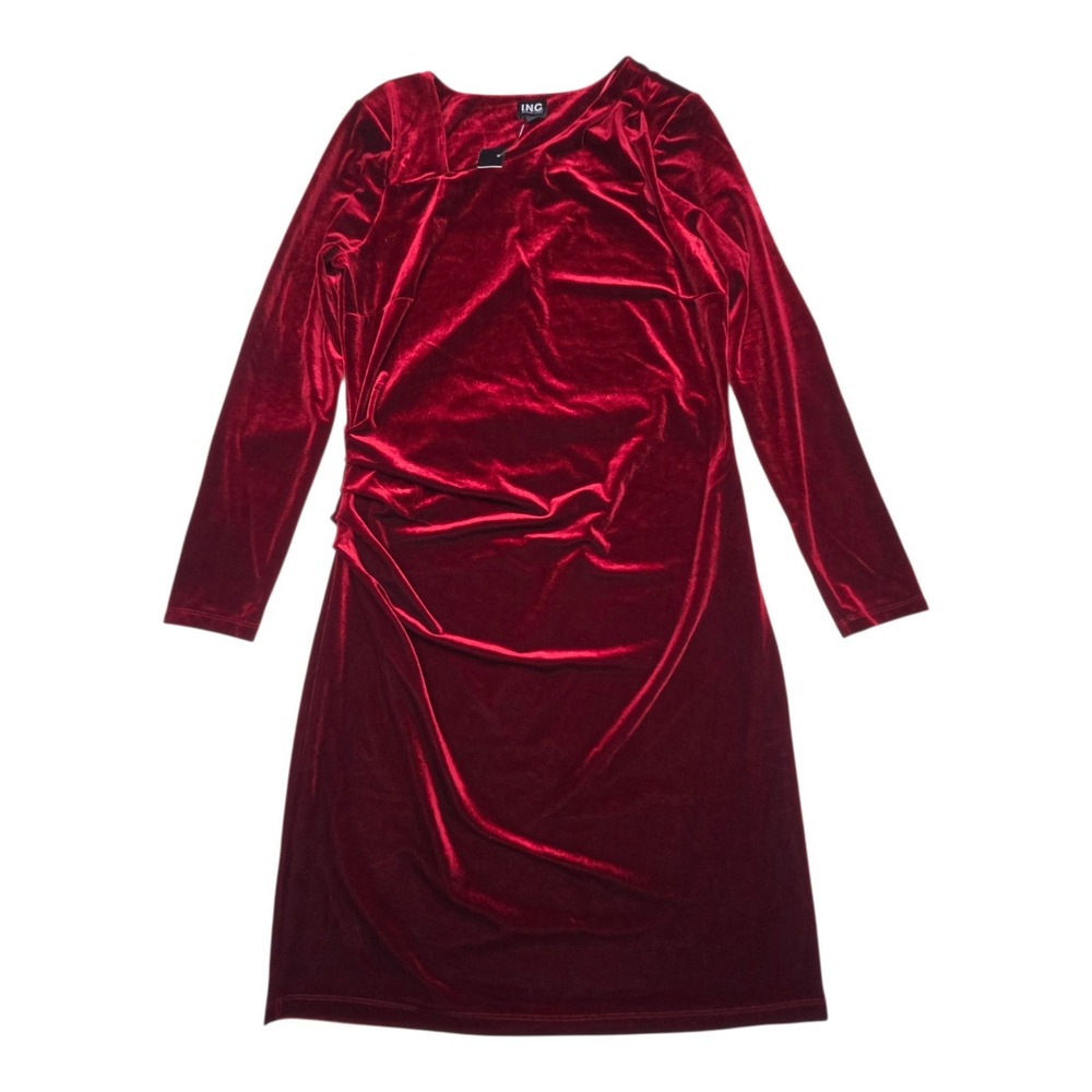 INC Velvet Sheath Dress XL Red Ruched Long Sleeve Vampy Whimsigoth Holiday
